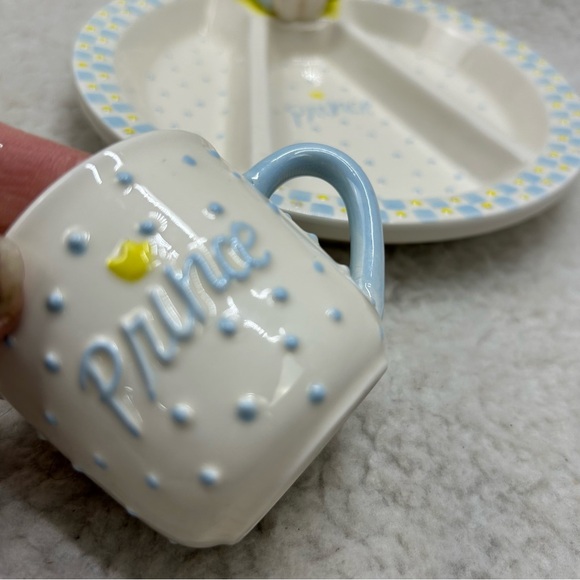 Mud Pie kids plate divided and cup ceramic Prince blue & yellow handcrafted - Picture 13 of 14